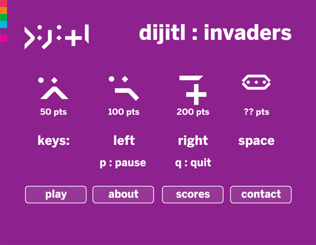 dijitl space invaders game splash page